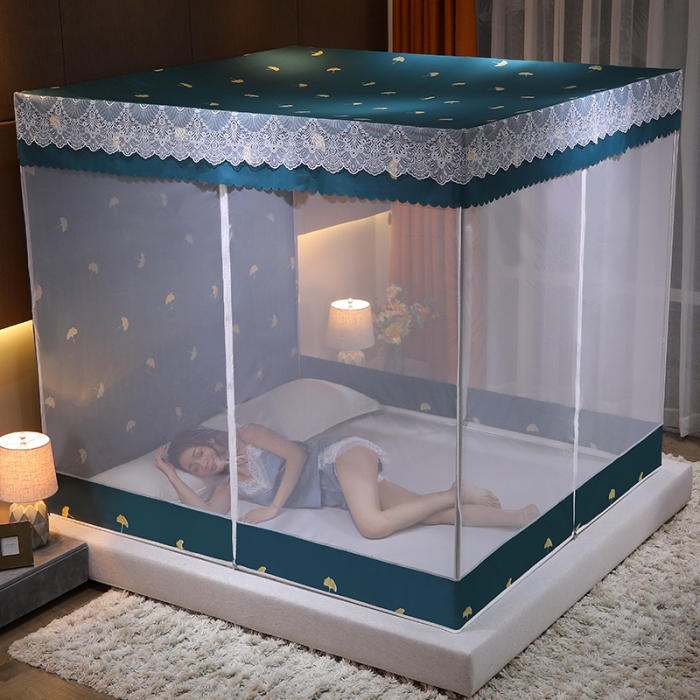 91家纺网 家纺一手货源 找家纺 千逸虹 2024新款坐床全底纱 遮光蚊帐 银杏绿