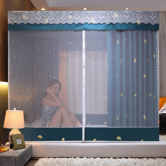 91家纺网 家纺一手货源 找家纺 千逸虹 2024新款坐床全底纱 遮光蚊帐 银杏绿