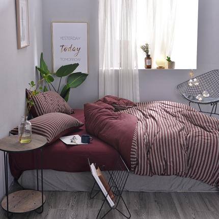 91家纺网 家纺一手货源 找家纺 （总）简煦2025新款全棉色纺针织棉条纹纯色四件套系列5单床笠