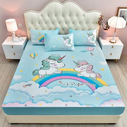 91家纺网 家纺一手货源 找家纺 同田 2023新款大版冰丝床笠凉席三件套空调软席 彩虹独角兽