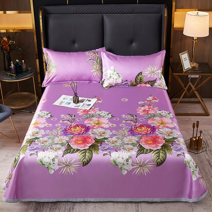 91家纺网 家纺一手货源 找家纺 青竹苑冰丝席床单款可水洗折叠天丝空调席三件套芳菲满园浅紫