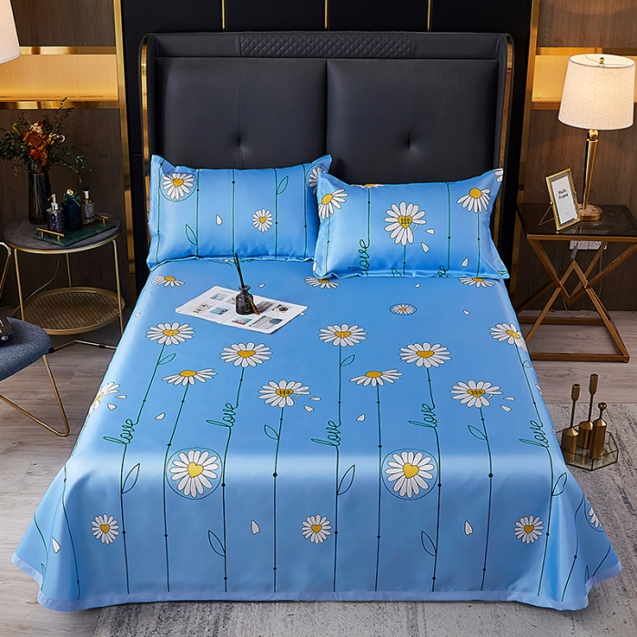 91家纺网 家纺一手货源 找家纺 青竹苑冰丝席床单款可水洗折叠天丝空调席三件套 小雏菊-蓝