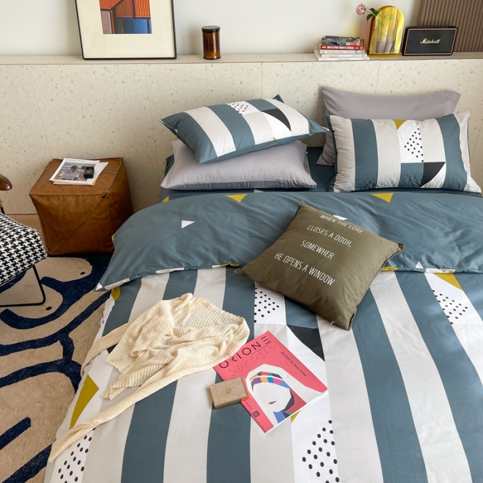 91家纺网 家纺一手货源 找家纺 时年家纺 2021新款全棉简约条格系列四件套 绅士