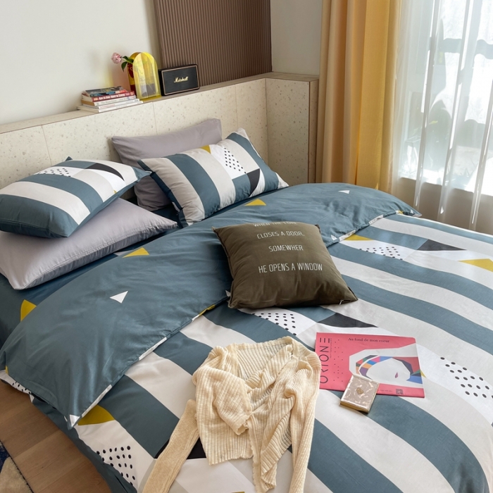 91家纺网 家纺一手货源 找家纺 时年家纺 2021新款全棉简约条格系列四件套 绅士