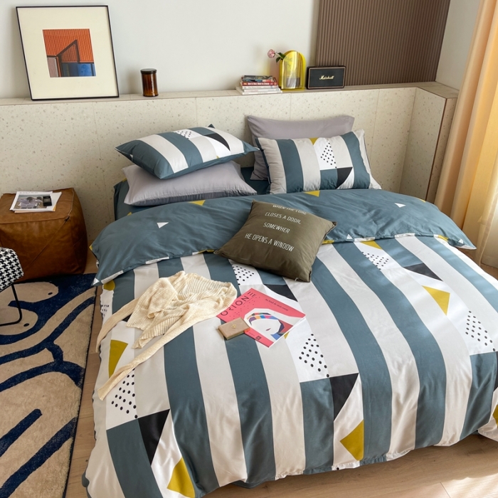 91家纺网 家纺一手货源 找家纺 时年家纺 2021新款全棉简约条格系列四件套 绅士