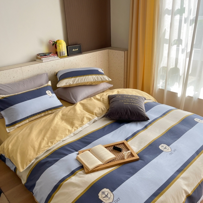 91家纺网 家纺一手货源 找家纺 时年家纺 2021新款全棉简约条格系列四件套 英伦