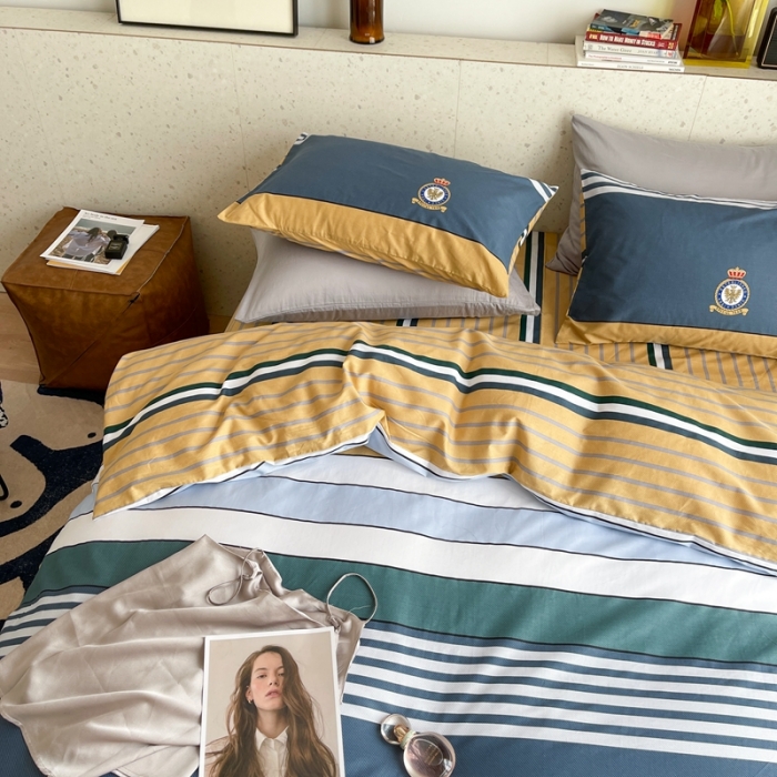 91家纺网 家纺一手货源 找家纺 时年家纺 2021新款全棉简约条格系列四件套 长岛