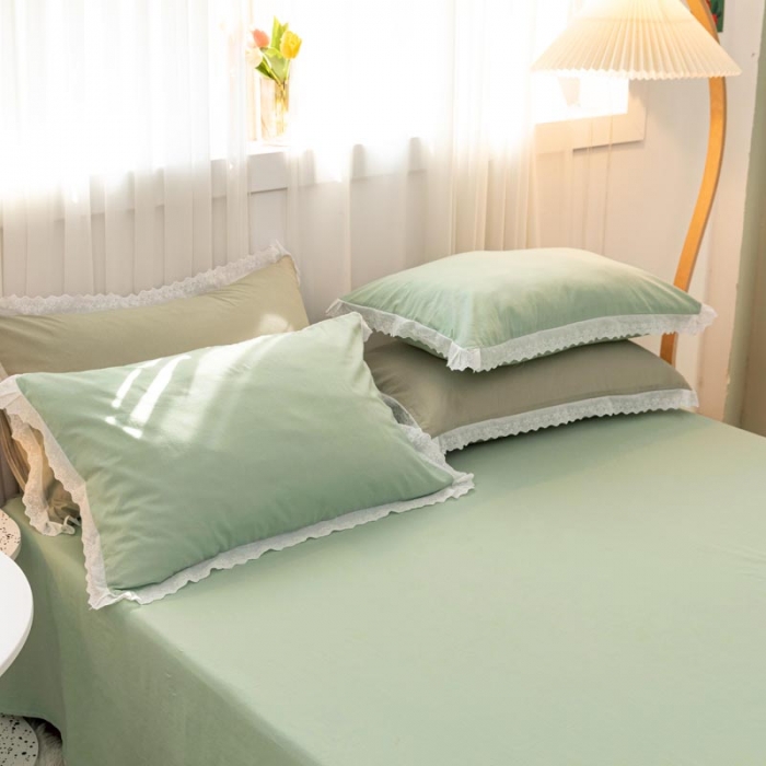 91家纺网 家纺一手货源 找家纺 怡家居 2021新款全棉水洗刺绣花边四件套 艾绿