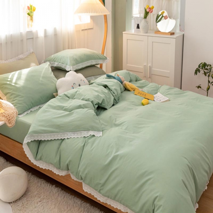 91家纺网 家纺一手货源 找家纺 怡家居 2021新款全棉水洗刺绣花边四件套 艾绿