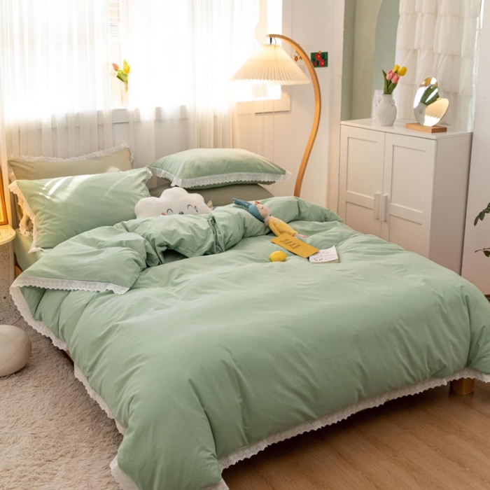 91家纺网 家纺一手货源 找家纺 怡家居 2021新款全棉水洗刺绣花边四件套 艾绿