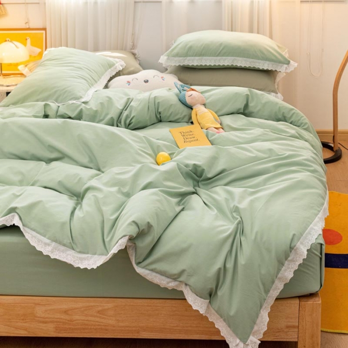 91家纺网 家纺一手货源 找家纺 怡家居 2021新款全棉水洗刺绣花边四件套 艾绿