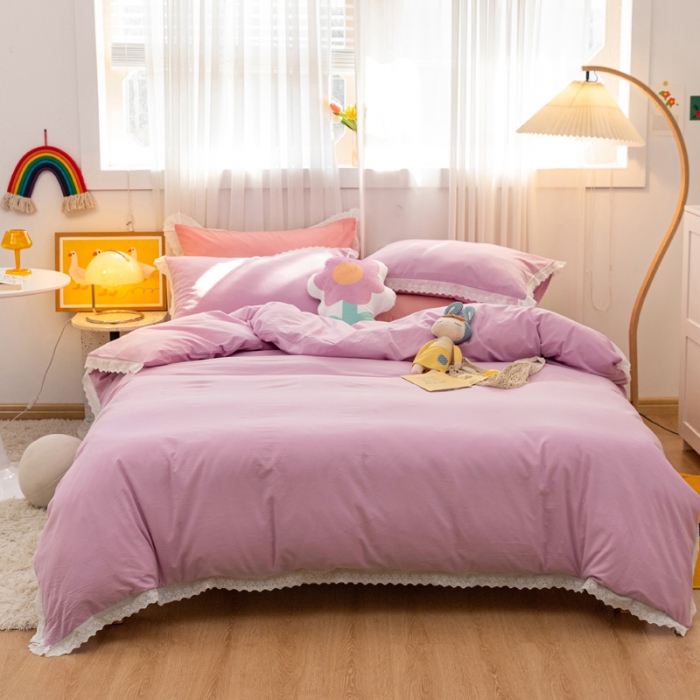 91家纺网 家纺一手货源 找家纺 怡家居 2021新款全棉水洗刺绣花边四件套 丁香紫