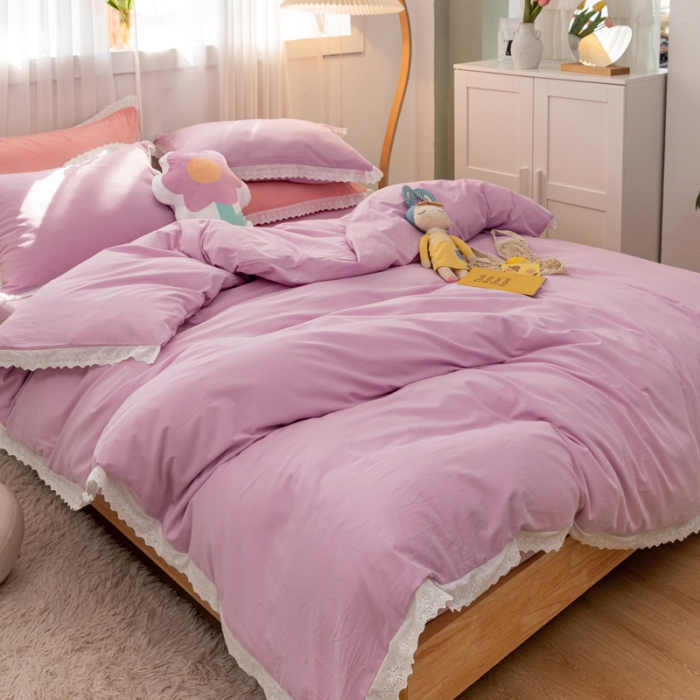 91家纺网 家纺一手货源 找家纺 怡家居 2021新款全棉水洗刺绣花边四件套 丁香紫