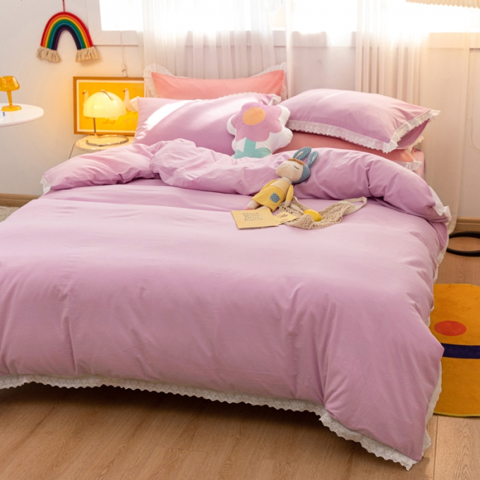 91家纺网 家纺一手货源 找家纺 怡家居 2021新款全棉水洗刺绣花边四件套 丁香紫