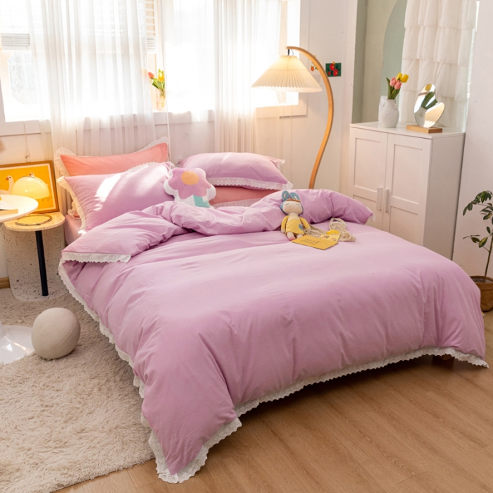 91家纺网 家纺一手货源 找家纺 怡家居 2021新款全棉水洗刺绣花边四件套 丁香紫