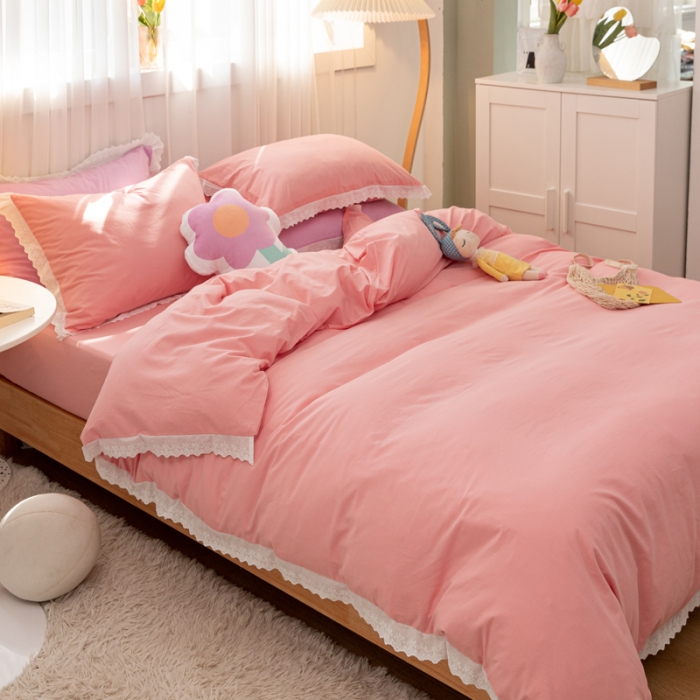 91家纺网 家纺一手货源 找家纺 怡家居 2021新款全棉水洗刺绣花边四件套 蜜桃粉