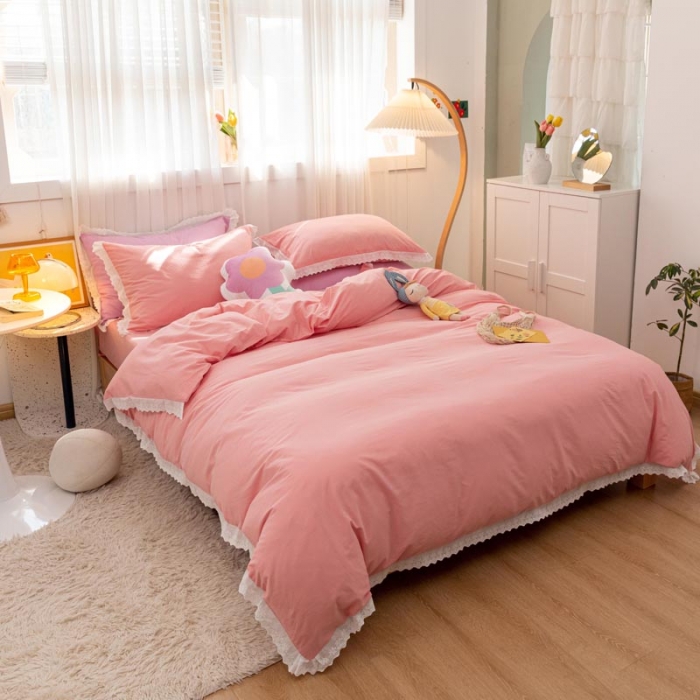 91家纺网 家纺一手货源 找家纺 怡家居 2021新款全棉水洗刺绣花边四件套 蜜桃粉