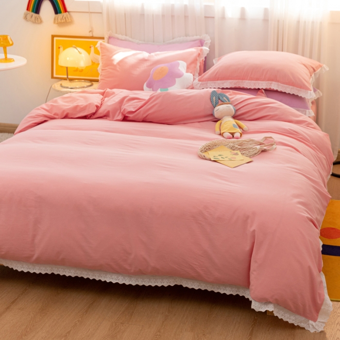 91家纺网 家纺一手货源 找家纺 怡家居 2021新款全棉水洗刺绣花边四件套 蜜桃粉