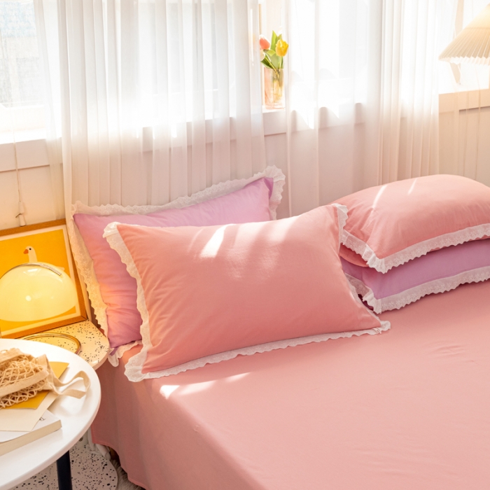 91家纺网 家纺一手货源 找家纺 怡家居 2021新款全棉水洗刺绣花边四件套 蜜桃粉