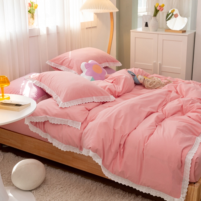 91家纺网 家纺一手货源 找家纺 怡家居 2021新款全棉水洗刺绣花边四件套 蜜桃粉