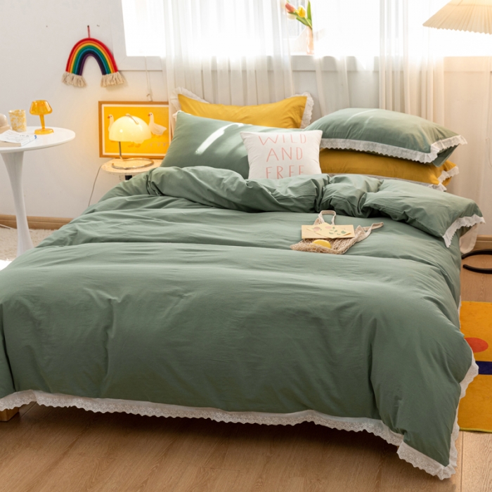 91家纺网 家纺一手货源 找家纺 怡家居 2021新款全棉水洗刺绣花边四件套 墨绿