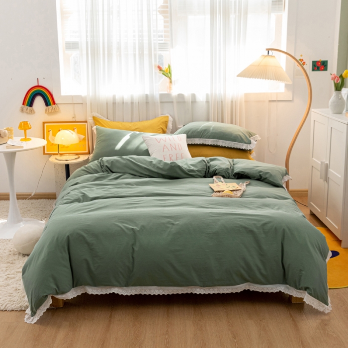 91家纺网 家纺一手货源 找家纺 怡家居 2021新款全棉水洗刺绣花边四件套 墨绿