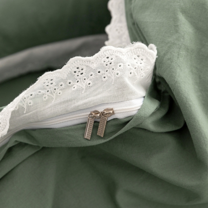 91家纺网 家纺一手货源 找家纺 怡家居 2021新款全棉水洗刺绣花边四件套 墨绿