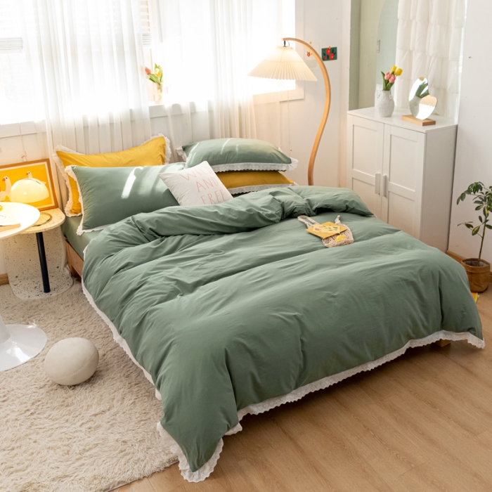 91家纺网 家纺一手货源 找家纺 怡家居 2021新款全棉水洗刺绣花边四件套 墨绿