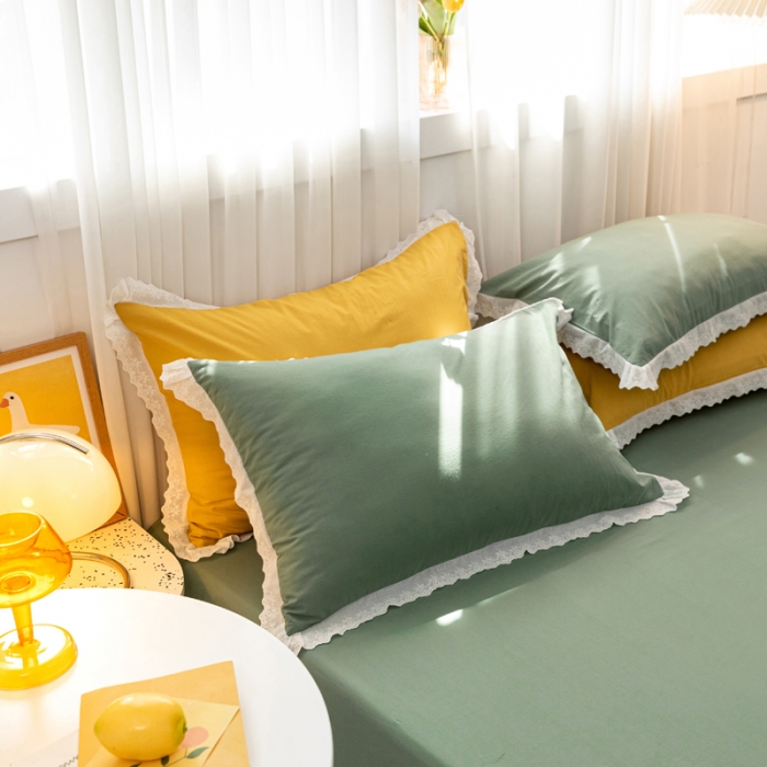 91家纺网 家纺一手货源 找家纺 怡家居 2021新款全棉水洗刺绣花边四件套 墨绿