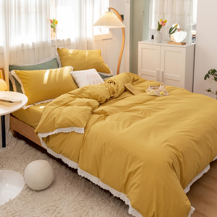 91家纺网 家纺一手货源 找家纺 怡家居 2021新款全棉水洗刺绣花边四件套 柠檬黄