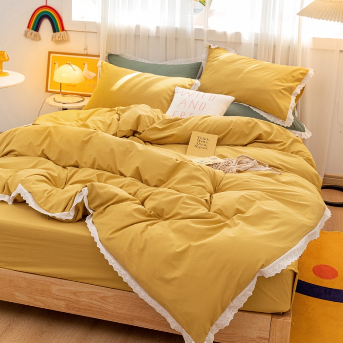 91家纺网 家纺一手货源 找家纺 怡家居 2021新款全棉水洗刺绣花边四件套 柠檬黄