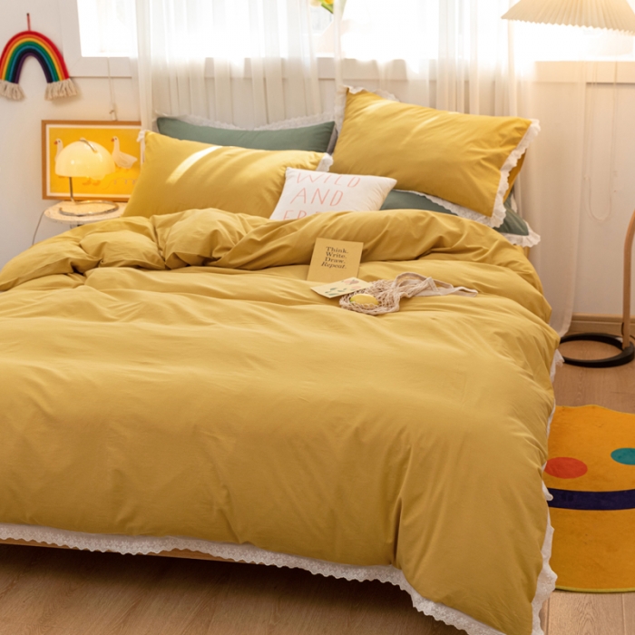 91家纺网 家纺一手货源 找家纺 怡家居 2021新款全棉水洗刺绣花边四件套 柠檬黄