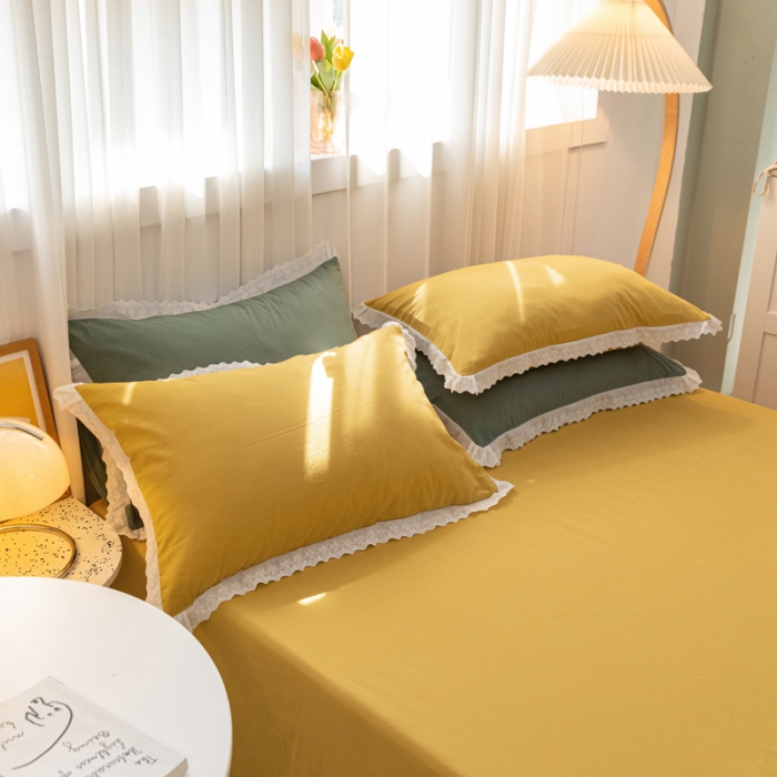 91家纺网 家纺一手货源 找家纺 怡家居 2021新款全棉水洗刺绣花边四件套 柠檬黄