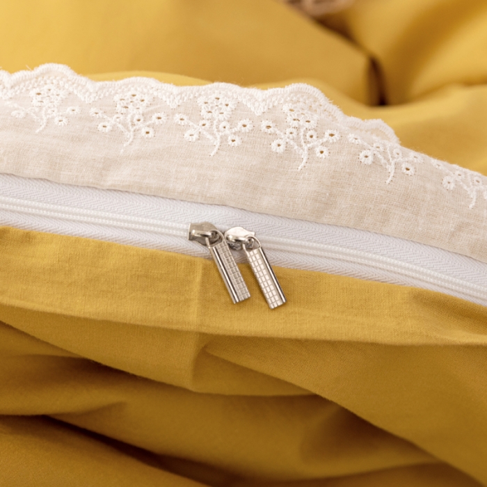 91家纺网 家纺一手货源 找家纺 怡家居 2021新款全棉水洗刺绣花边四件套 柠檬黄