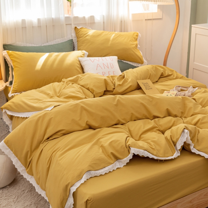 91家纺网 家纺一手货源 找家纺 怡家居 2021新款全棉水洗刺绣花边四件套 柠檬黄
