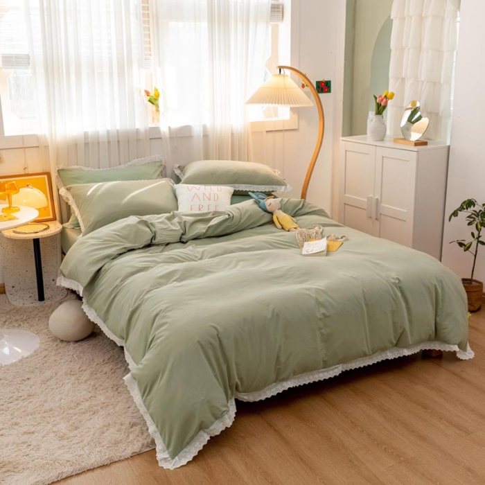 91家纺网 家纺一手货源 找家纺 怡家居 2021新款全棉水洗刺绣花边四件套 竹青