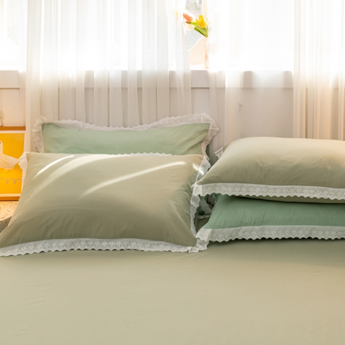 91家纺网 家纺一手货源 找家纺 怡家居 2021新款全棉水洗刺绣花边四件套 竹青