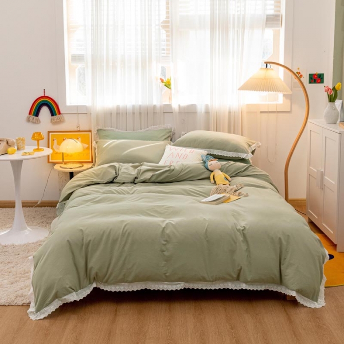 91家纺网 家纺一手货源 找家纺 怡家居 2021新款全棉水洗刺绣花边四件套 竹青