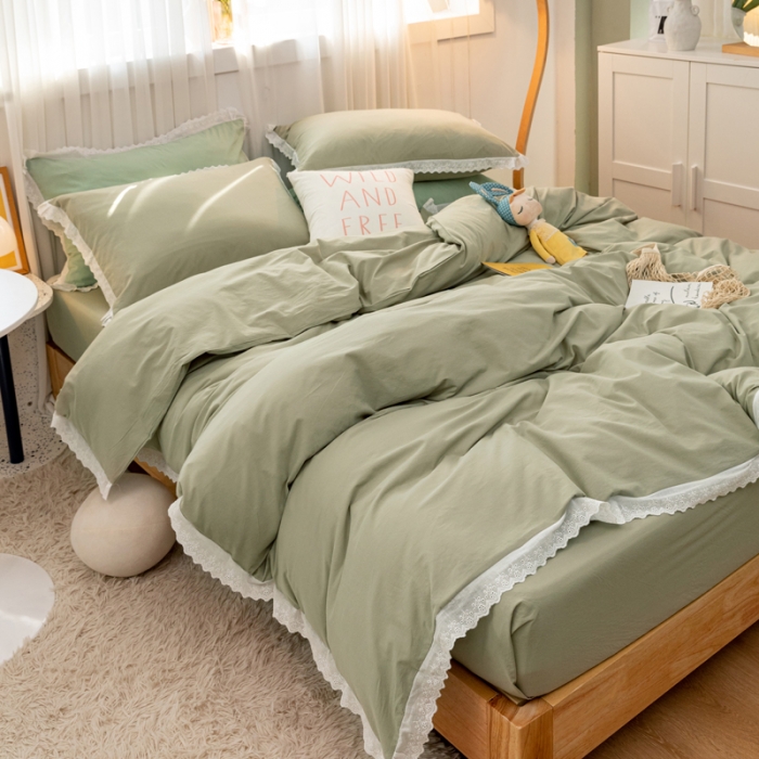 91家纺网 家纺一手货源 找家纺 怡家居 2021新款全棉水洗刺绣花边四件套 竹青