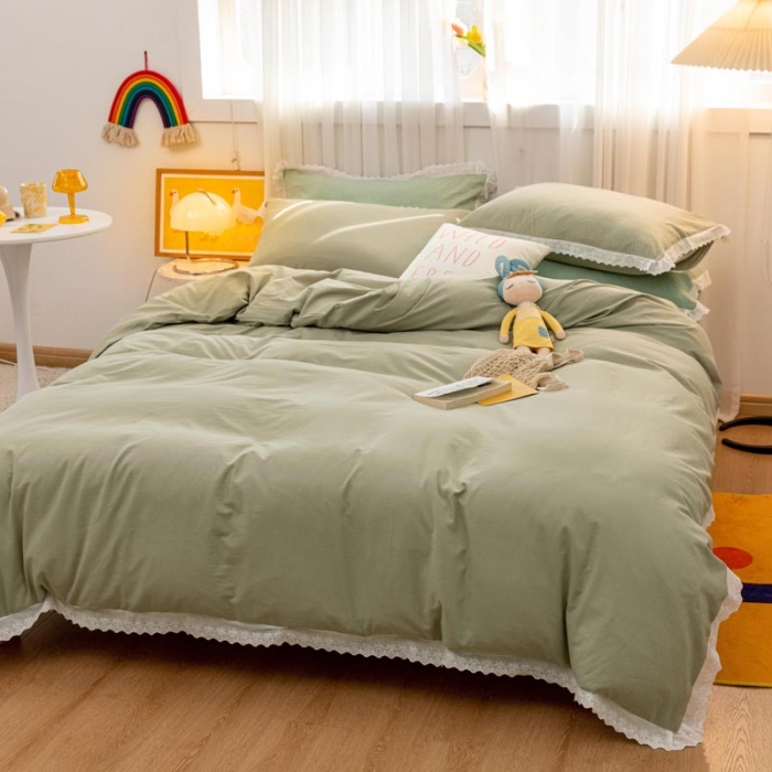 91家纺网 家纺一手货源 找家纺 怡家居 2021新款全棉水洗刺绣花边四件套 竹青