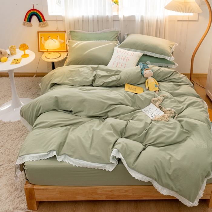 91家纺网 家纺一手货源 找家纺 怡家居 2021新款全棉水洗刺绣花边四件套 竹青