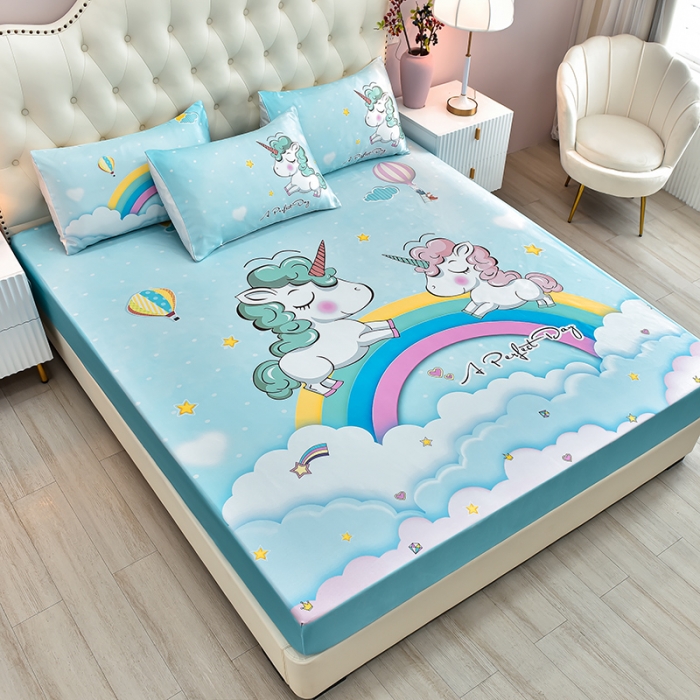 91家纺网 家纺一手货源 找家纺 同田 2023新款大版冰丝床笠凉席三件套空调软席 彩虹独角兽