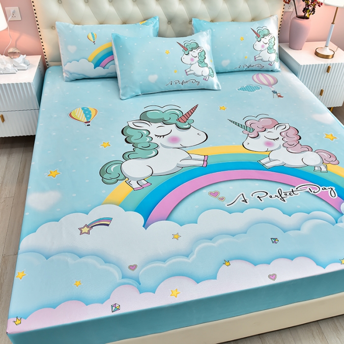 91家纺网 家纺一手货源 找家纺 同田 2023新款大版冰丝床笠凉席三件套空调软席 彩虹独角兽