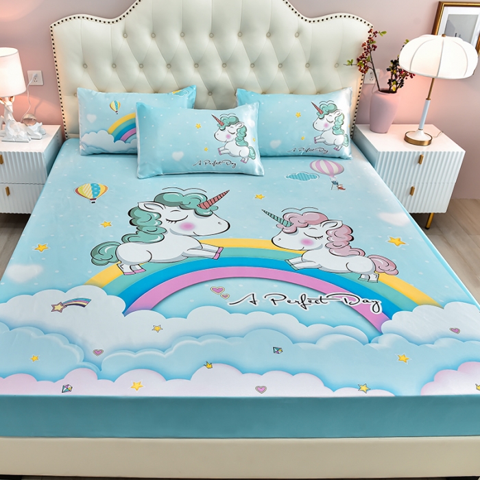 91家纺网 家纺一手货源 找家纺 同田 2023新款大版冰丝床笠凉席三件套空调软席 彩虹独角兽