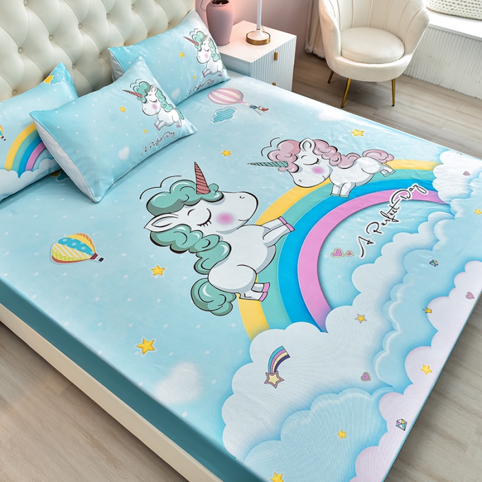 91家纺网 家纺一手货源 找家纺 同田 2023新款大版冰丝床笠凉席三件套空调软席 彩虹独角兽