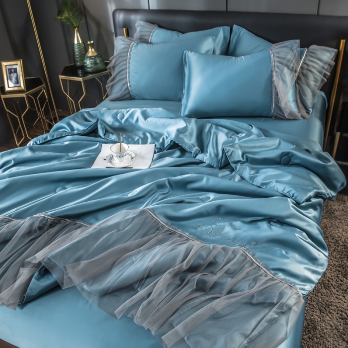 91家纺网 家纺一手货源 找家纺 丽莱美家纺 2024爆款水洗真丝夏被四件套 宾利蓝