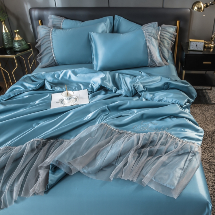 91家纺网 家纺一手货源 找家纺 丽莱美家纺 2024爆款水洗真丝夏被四件套 宾利蓝