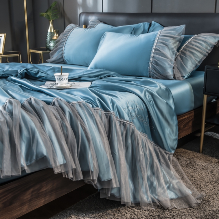 91家纺网 家纺一手货源 找家纺 丽莱美家纺 2024爆款水洗真丝夏被四件套 宾利蓝