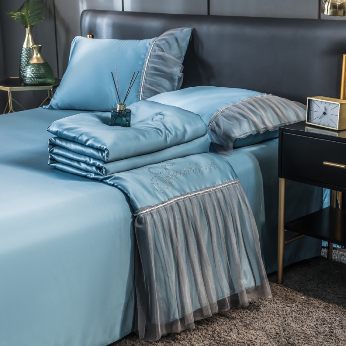 91家纺网 家纺一手货源 找家纺 丽莱美家纺 2024爆款水洗真丝夏被四件套 宾利蓝