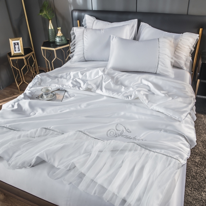 91家纺网 家纺一手货源 找家纺 丽莱美家纺 2024爆款水洗真丝夏被四件套 纯白